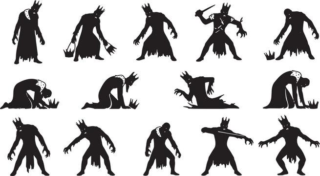 Collection of black silhouette illustrations depicting undead kings, zombie monarchs, and ghoulish royalty in various dark fantasy poses including kneeling, crawling, and standing.
