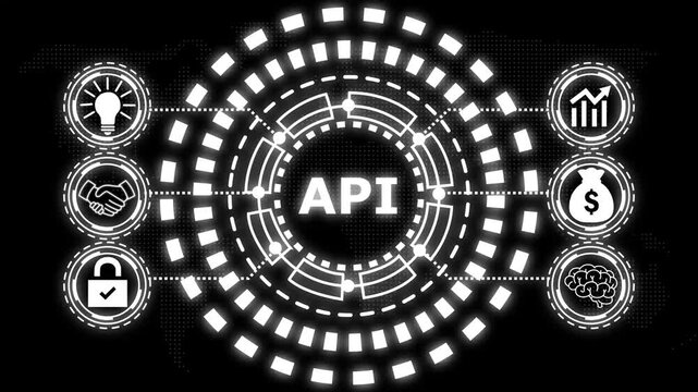 A glowing blue circular diagram with the word api in the center and six surrounding icons representing business concepts.