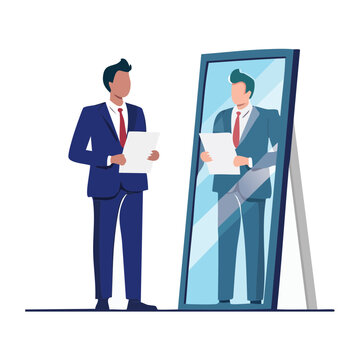 Man in Suit Looks at His Reflection in a Mirror