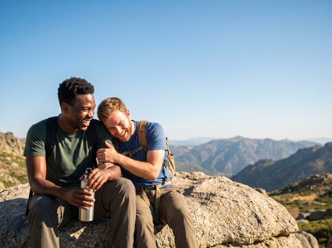 Diverse Male Best Friends Laughing on Mountain Hike - Summer Adventure and Copy Space
