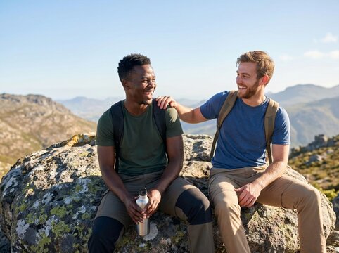 Diverse Male Best Friends Laughing on Mountain Hike - Summer Adventure and Copy Space