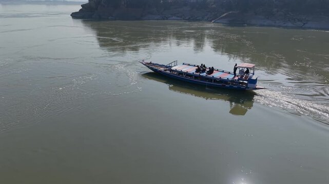 Aerial View of Boat Sailing on Brahmaputra River in Assam India