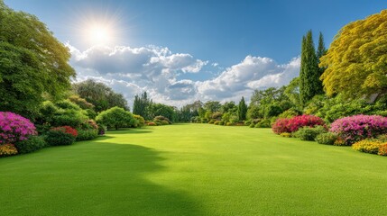 Fototapeta premium Vibrant Spring Garden Landscape with Colorful Flowers and Lush Green Lawn Under Bright Blue Sky with Fluffy Clouds and Shining Sunlight