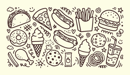 Fast food doodle collection with burger taco pizza hot dog fries and dessert line art © Arshad