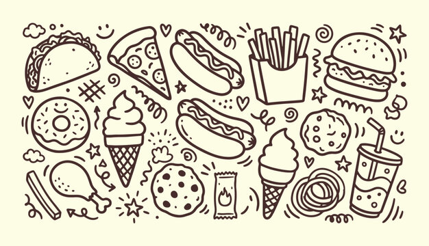 Fast food doodle collection with burger taco pizza hot dog fries and dessert line art