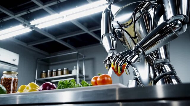 Chrome robotic assistant carefully cutting fresh vegetables with precision knife on sleek metallic surface, demonstrating advanced culinary automation in modern kitchen environment