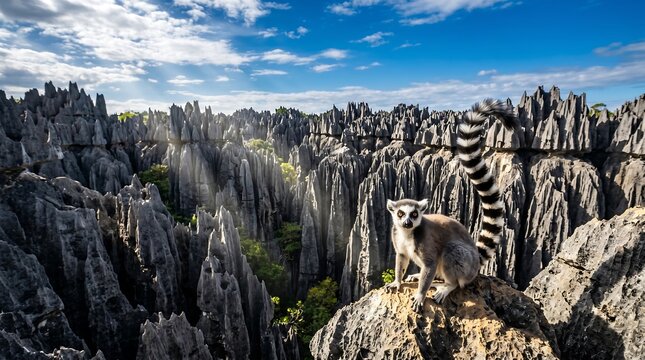 Ring-tailed lemur on limestone rock at Tsingy de Bemaraha National Park Madagascar wide angle landscape