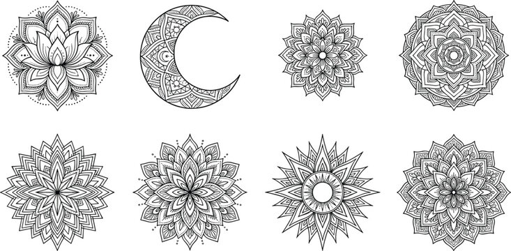 Mystical Celestial Mandala Vector Element Set Featuring Lotus Flower Crescent Moon Sun Burst and Geometric Ornate Patterns for Tarot and Astrology Graphic Designs