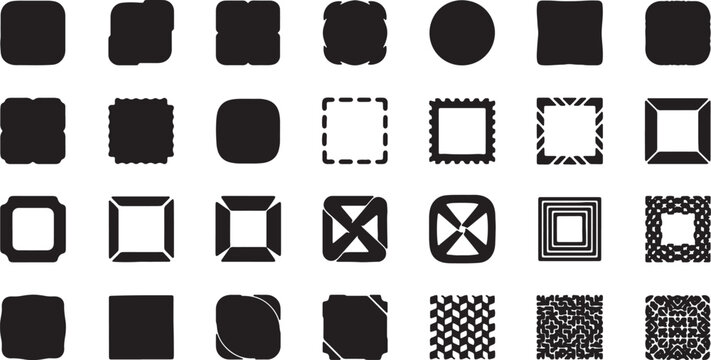 Black silhouette illustration set featuring 28 various geometric shapes, frames, icons, and abstract symbols including squares, circles, dashed borders, and ornate textured patterns.