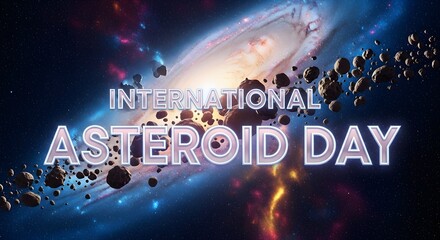 International asteroid day banner with space background and asteroid field