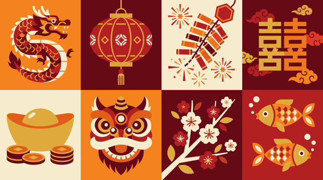 Chinese New Year celebration collage featuring dragon, lantern, firecrackers, double happiness symbol, gold ingot, lion dance mask, plum blossoms and koi fish