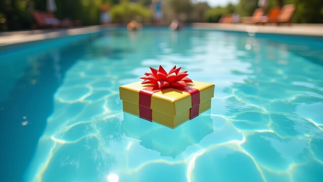 Yellow gift box with red ribbon and bow floating on the surface of a clear blue swimming pool surrounded by green trees and lounge chairs in the background