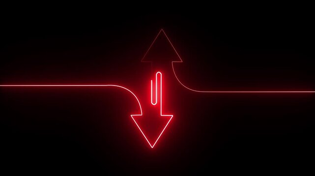 Red Neon Up and Down Arrows Animation, Glowing Continuous Line Direction Split Loop on Black Background