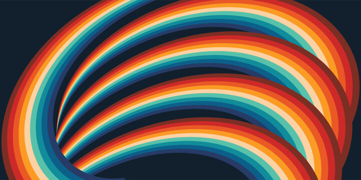 Abstract colorful 70s background vector. Vintage retro style wallpaper with lines, rainbow wavy stripes. 1970 color illustration design suitable for poster, banner, decorative, wall art.
