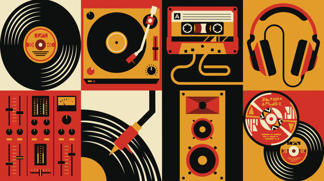 Retro music collage featuring vintage audio equipment and vinyl records on a colorful geometric background