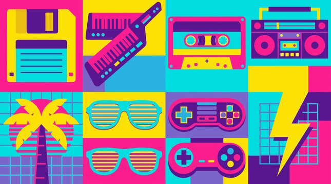 Retro 80s 90s Nostalgia Pop Culture Icons and Symbols Collage Vibrant Colorful Geometric Background