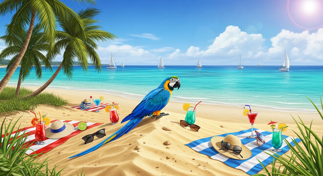 A blue macaw sits on a sandy beach with palm trees, tropical drinks, and sailboats, symbolizing a perfect tropical vacation getaway