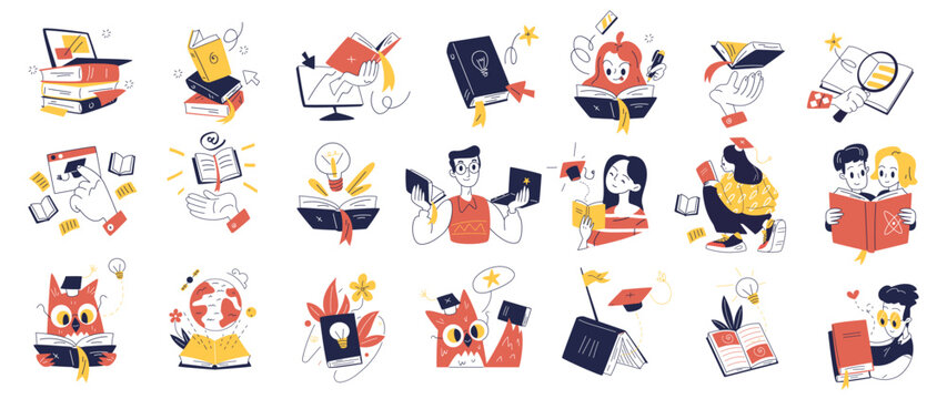 Book education people. People read books or ebook online school library or college, distance learn home study business literature university course, set classy vector illustration