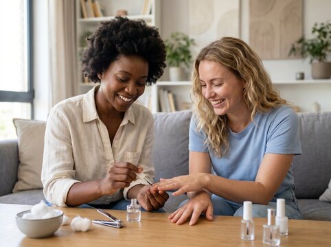 Diverse Female Best Friends Sharing Quiet Moment with At-Home Manicure - True Friendship Bonding
