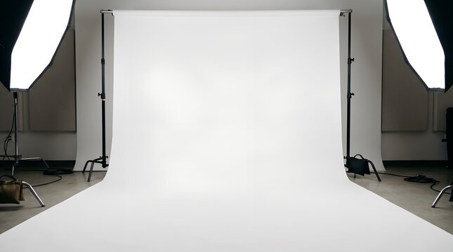 Pure white seamless paper curves gently from a studio wall onto the floor, creating a clean product photography backdrop surrounded by softboxes, stands, cables, and professional lighting equipment.