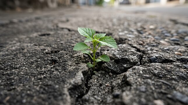Resilient Small Green Plant Sprouting from a Narrow Crack in Gray Concrete Sidewalk Symbolizing Hope, Strength, Survival, and the Powerful Endurance of Nature Overcoming Urban Environments.