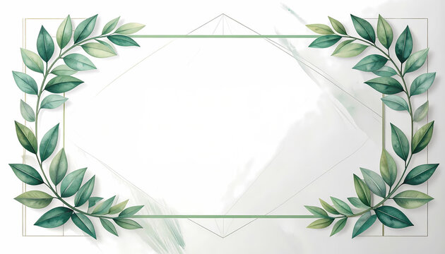 Elegant botanical leaf frame centered frontal view for wedding invitation background watercolor illustration with gold geometric lines soft lighting on white marble background.