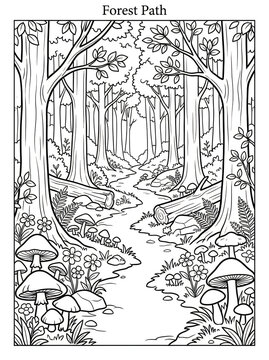 Intricate black-and-white forest path illustration featuring winding trail surrounded by towering trees, mushrooms, and dd sunlight effects, evoking serene woodland atmosphere with detailed botanical