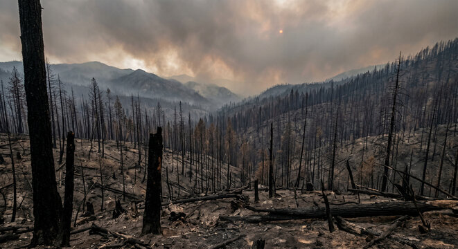 Forest fire devastates mountain landscape with burnt trees and smoky sky