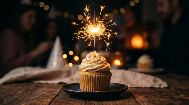 Brightly burning sparkler candle glowing with golden sparks on top of a delicious frosted cupcake against a dark background, perfect for birthday, anniversary, or special event celebration.
