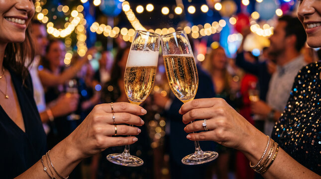 Close up of two people clinking elegant glasses of sparkling champagne amidst bright blurred party lights, celebrating a birthday, wedding toast, New Year's Eve, or special luxury event.