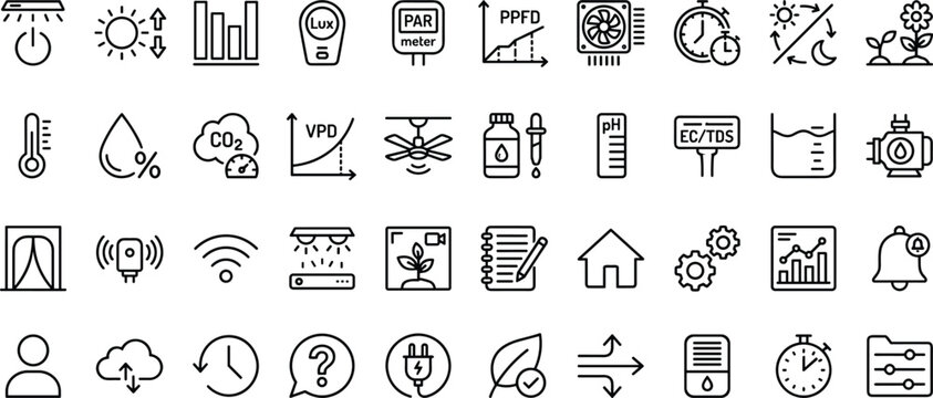 Minimalist black and white vector icon set of grow lighting crop monitoring, plant growth, indoor gardening, energy management, and smart agriculture technology