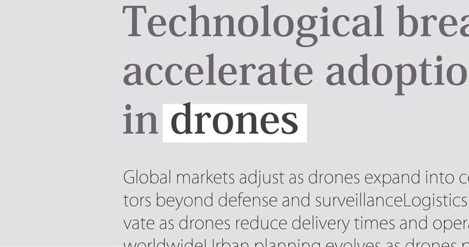 Drones or loitering munitions, changing news headlines sequence across media about quadcopters, loop footage