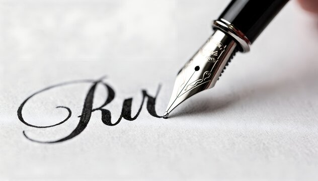 Extreme macro shot of a metal nib pen creating elegant cursive calligraphy on textured white paper, capturing the artistic handwriting and traditional ink penmanship in vivid high resolution detail.