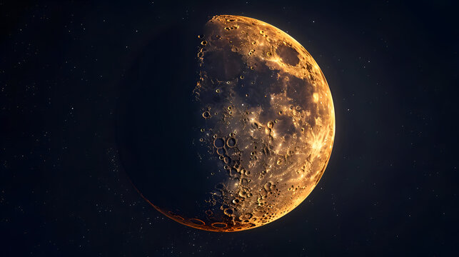 Stunning high-resolution half moon with visible craters and texture in night sky