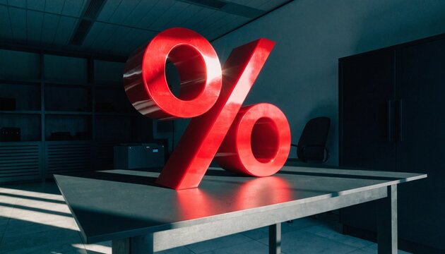 Large 3D red percent icon placed on a clean modern workspace desk, symbolizing significant price reductions and promotional sales events in a highly detailed photorealistic illustration style.