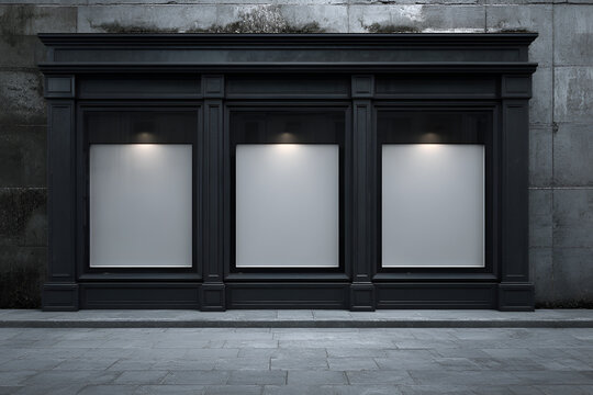 A dark, classic-style storefront with three illuminated display windows set against a textured, aged concrete wall, and paved ground