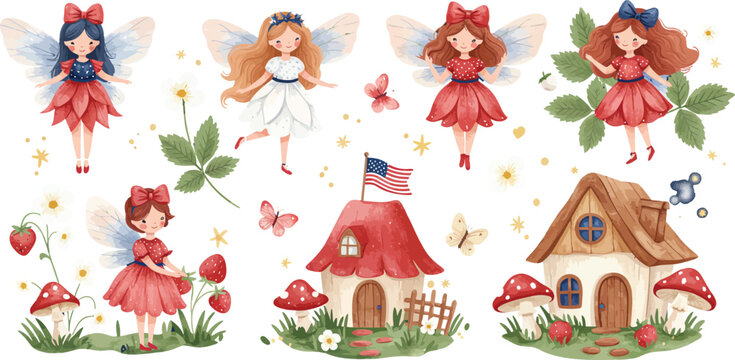 Watercolor collection of cute garden fairies with red dresses and tiny mushroom houses isolated on a white background for design