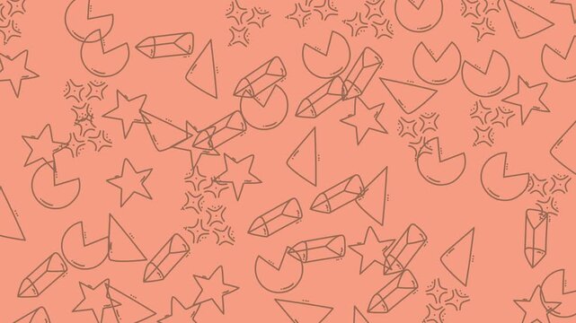 Orange pattern with star, pacman, crystal, and triangle shapes. Ideal for background designs or digital art projects. Suitable for graphic design or website backgrounds.