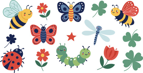 Naklejka premium Set of cute hand drawn garden insects and flowers including butterflies bees ladybug and caterpillar on a white background