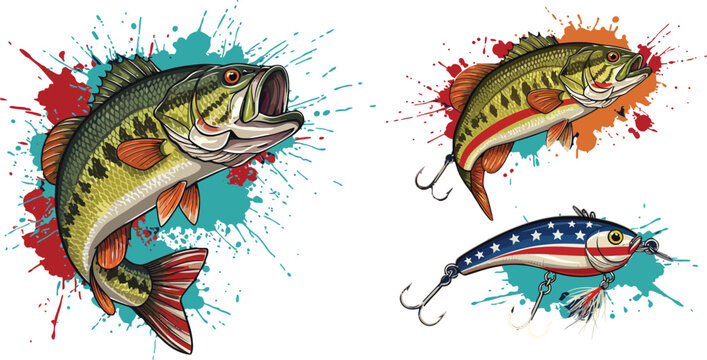 Artistic watercolor illustration of largemouth bass fish and colorful fishing lures isolated on a white background for sports design