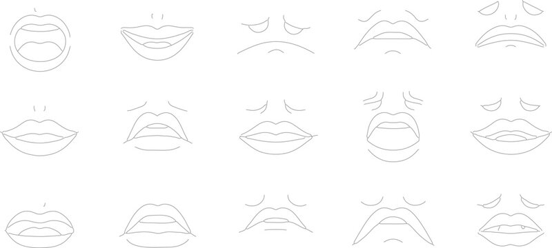 Minimalist set of 15 human mouth and lip outline icons featuring diverse facial expressions such as smiling, frowning, pouting, and talking, isolated on a white background.