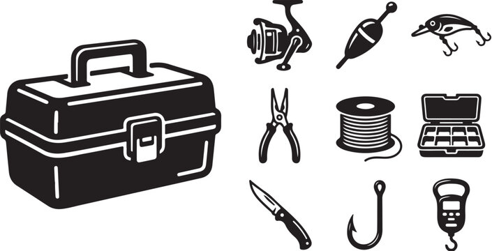 Fishing tackle box with various black and white tools