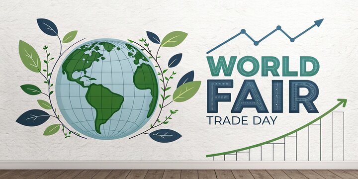 World fair trade day globe and growth chart on desk sustainable economy concept
