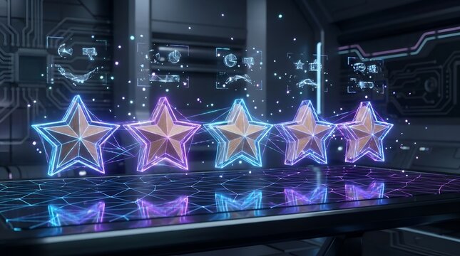 Row of Five Shiny Geometric Stars Aligning on High Tech Console Brand Evaluation Quality Benchmarking Concept