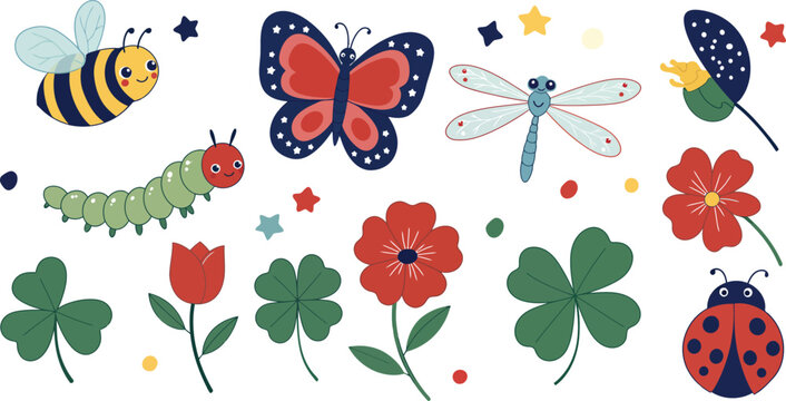 Set of cute hand drawn garden insects and flowers including butterfly bee dragonfly ladybug and clover leaves on white background