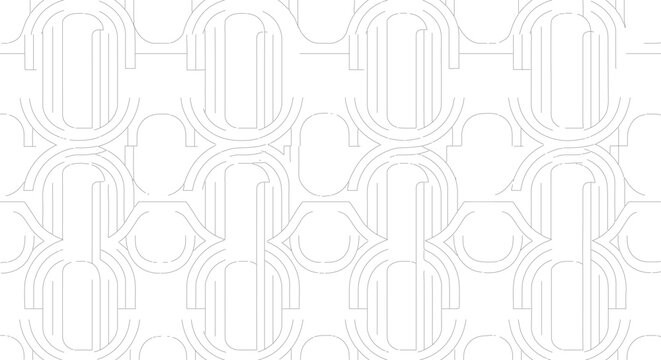 Minimalist abstract pattern featuring thin black geometric lines, interlocking semicircles, and parallel vertical strokes forming a repeating architectural motif on a white background.