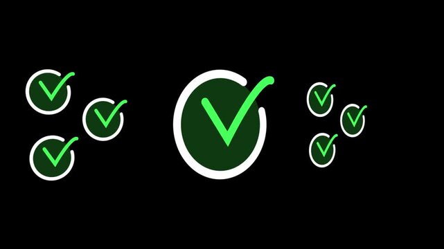 Animated check mark icon motion graphic with multiple small checkmarks appearing and disappearing across black screen footage.