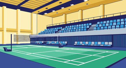 Empty Indoor Badminton Court with Bleachers and Net © Setiyawan