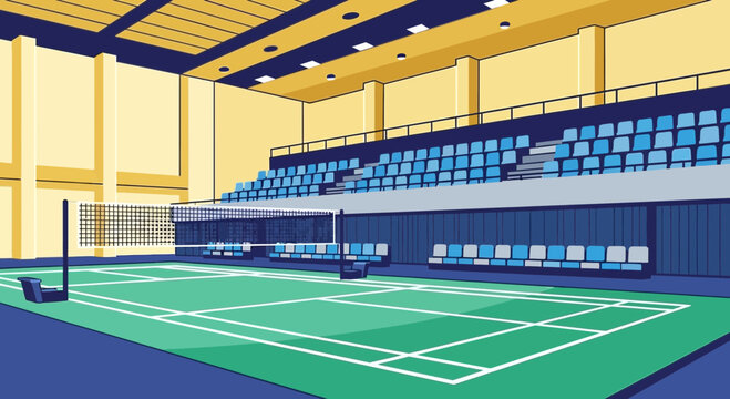 Empty Indoor Badminton Court with Bleachers and Net