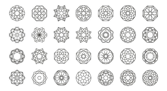 Collection of 28 minimalist geometric outline icons featuring symmetrical mandala patterns and gemstone facet designs, black linear elements isolated on a white background.